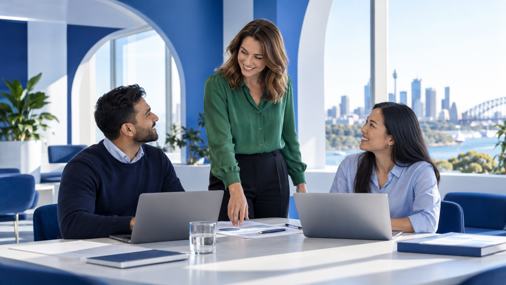 A diverse team with a woman in green defining what success in the work looks like