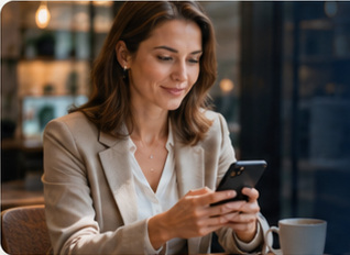 A professional reviewing application progress on her phone
