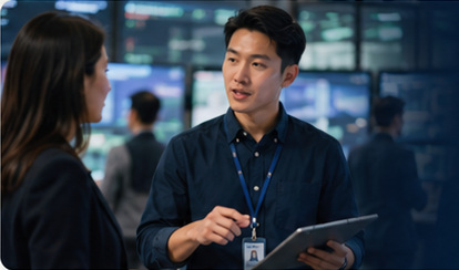 Two professionals discussing capabilities and role pathways